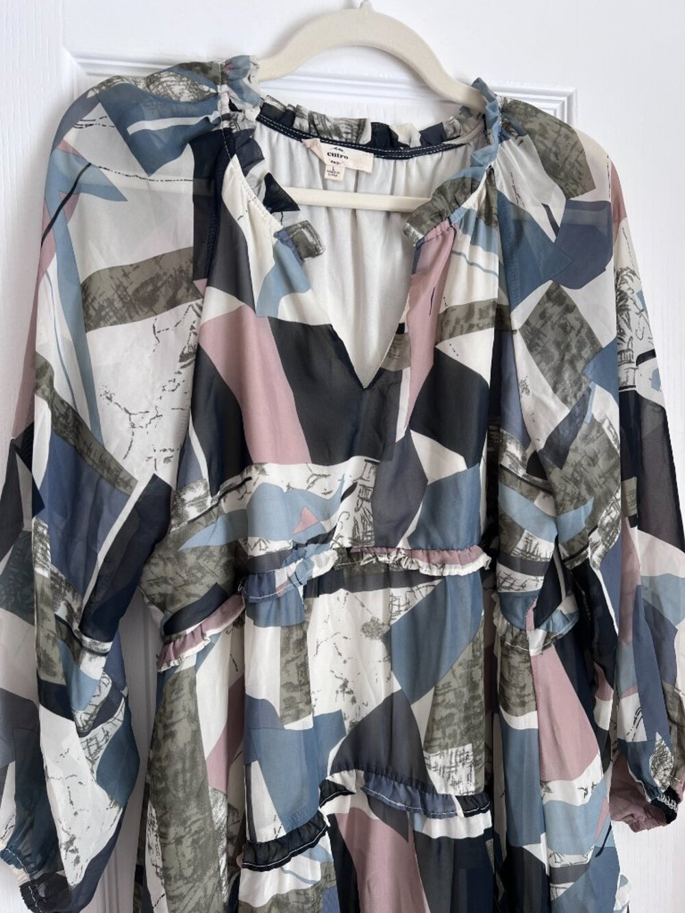 Entro Abstract Geometric Tiered Ruffle Mini Dress Large - Picture 2 of 8